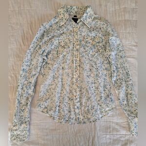 Polo Jeans Company Lightweight Blue Floral Button Down Top Size S Long Sleeve